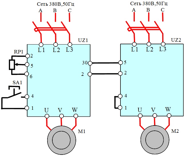 Подключение к одному преобразователю частоты двух двигателей