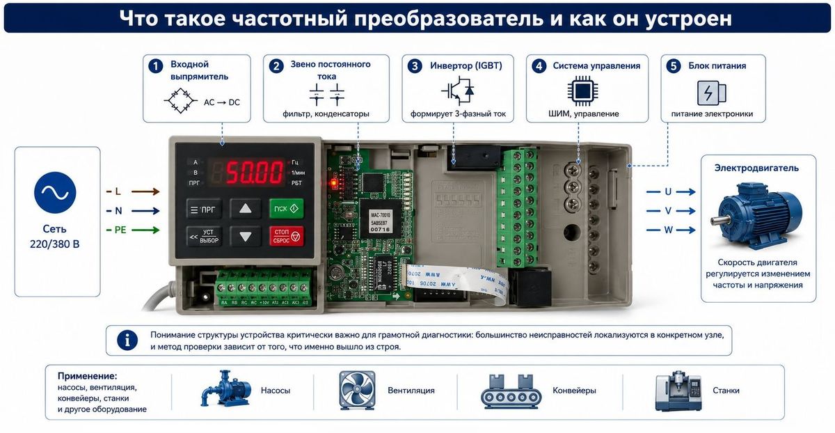 Схема устройства частотного преобразователя Veda с основными блоками: выпрямитель, инвертор, система управления