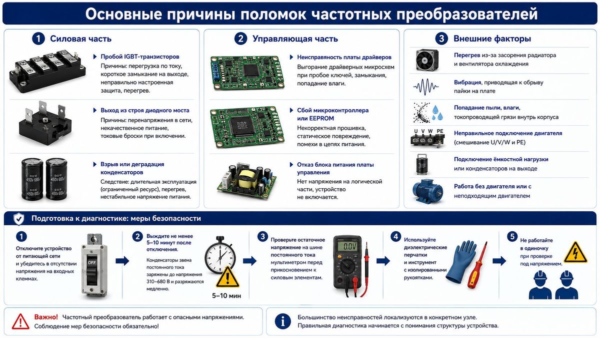 Основные причины поломок частотных преобразователей: неисправности IGBT, конденсаторов, плат управления