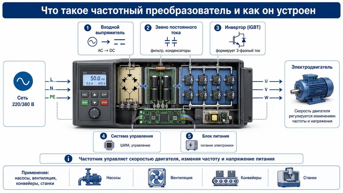 Схема устройства частотного преобразователя с выпрямителем, инвертором IGBT и системой управления