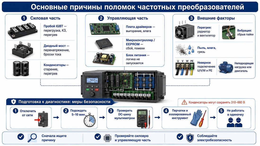 Причины неисправностей частотных преобразователей: отказ IGBT, конденсаторов, перегрев, пыль, ошибки подключения и меры безопасности при ремонте