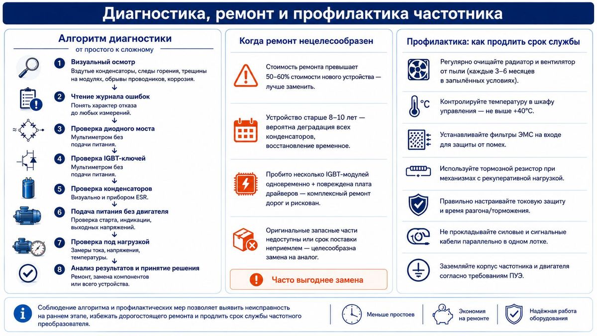 Схема диагностика, ремонт и профилактика частотных преобразователей: алгоритм проверки