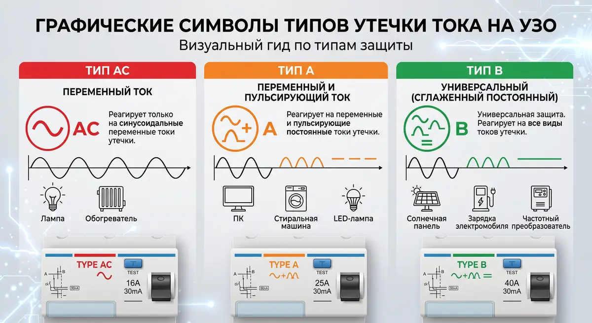 обозначения классов A, B и AC на корпусе Маркировка типов УЗО:обозначения классов A, B и AC на корпусе устройства