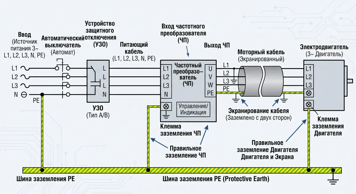 схема подключения электrodvигателя схема подключения электродвигателя и частотного преобразователя через УЗО и защитный автомат