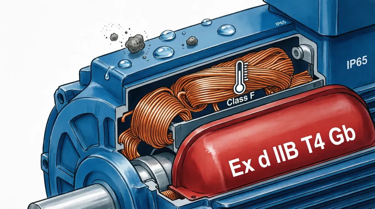 Взрывозащищенный электродвигатель в разрезе: маркировка Ex d IIB T4 Gb, класс изоляции обмоток F и степень защиты IP65