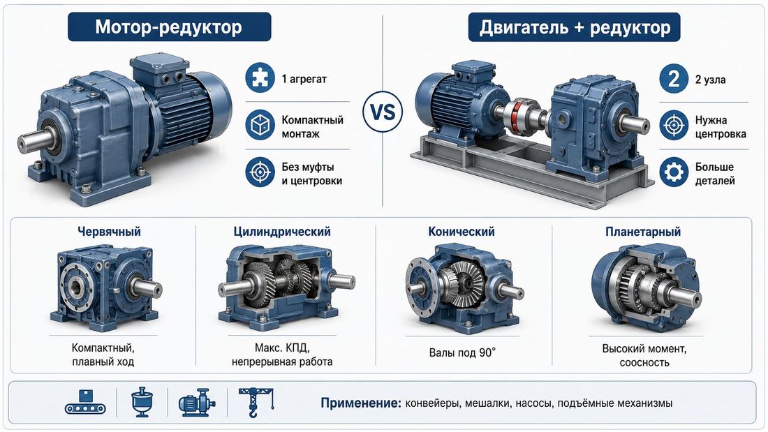Мотор-редуктор или двигатель с редуктором: сравнение конструкций и типы передач для промышленного оборудования