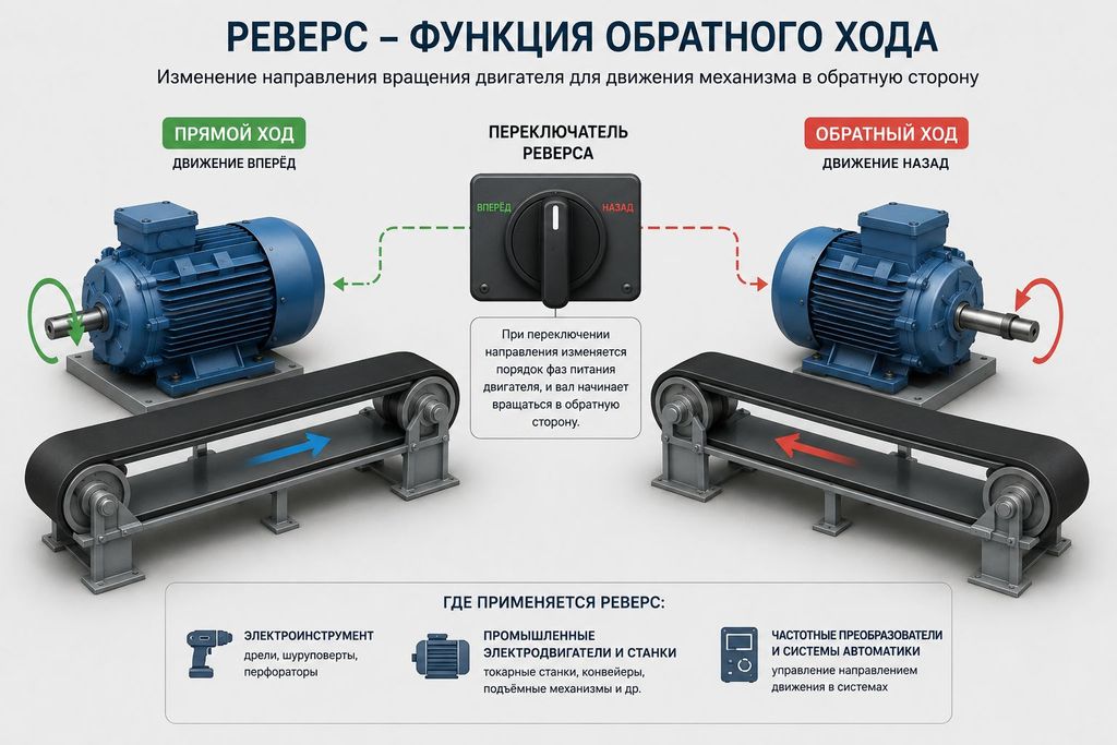 Схема работы реверса электродвигателя с изменением направления вращения