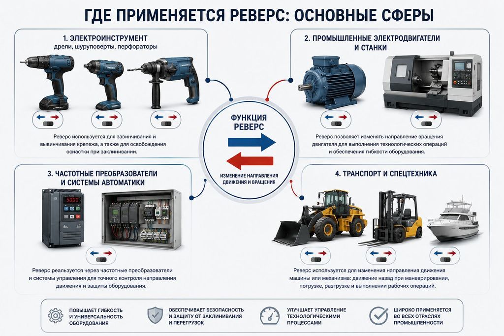 Где применяется реверс: электроинструмент, электродвигатели, автоматика и спецтехника