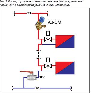Пример применения автоматических балансировочных клапанов AB-QM в однотрубной системе отопления Пример применения автоматических балансировочных клапанов AB-QM в однотрубной системе отопления