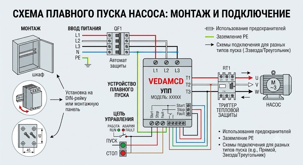 Схема подключения плавного пуска насоса